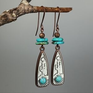 HAND CRAFTED Southwest Cactus Turquoise Silver Copper Mixed Metal Earrings